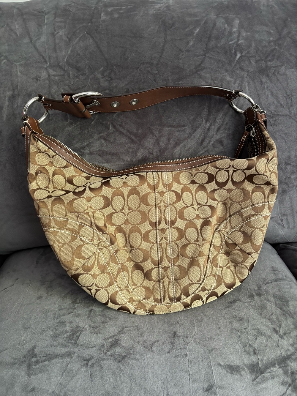 Coach Brown Signature Canvas Shoulder Bag with Leather Trim